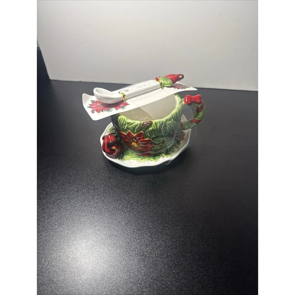 Corner Ruby Teacup Holiday Cardinal Collection 3Pc  Saucer &‎ Cardinal Spoon